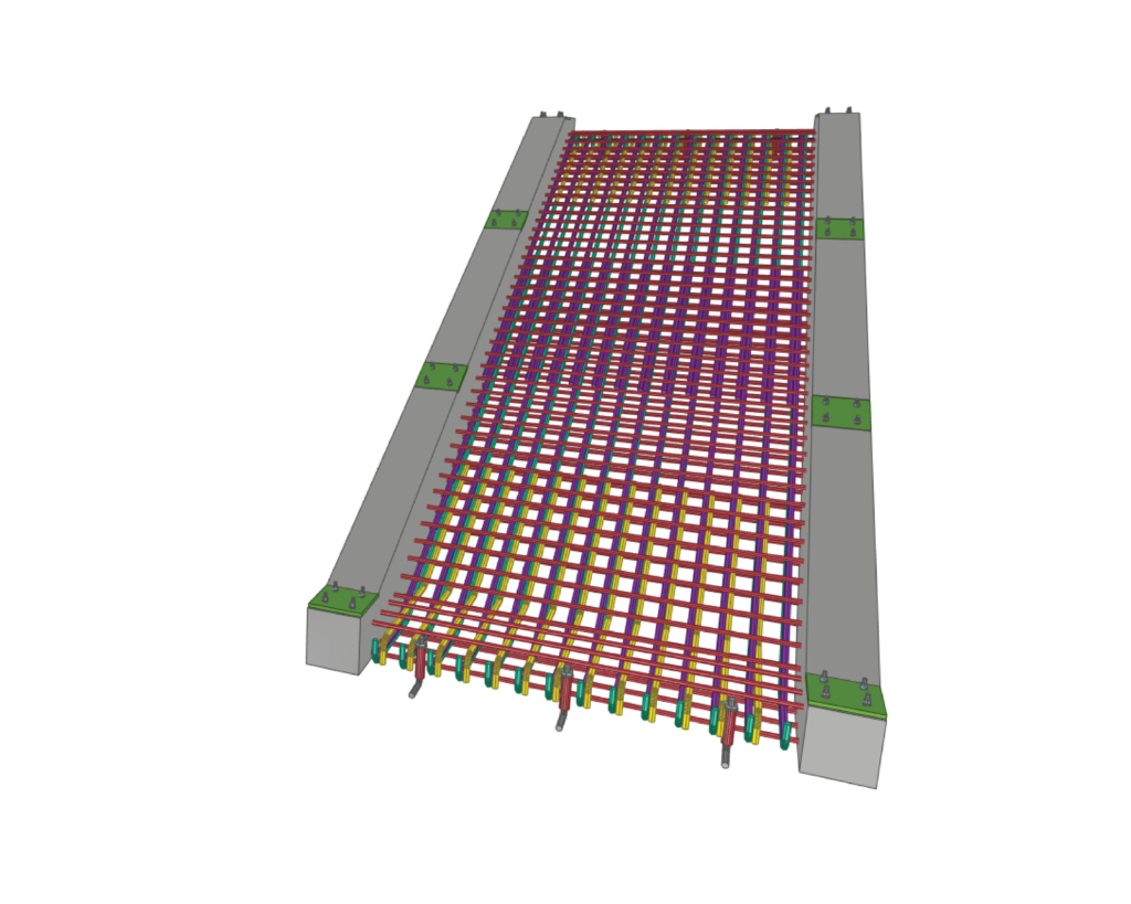 Precast concrete detailing slab shop drawing 3D model showing panel layout, reinforcement grid, and bearing details.