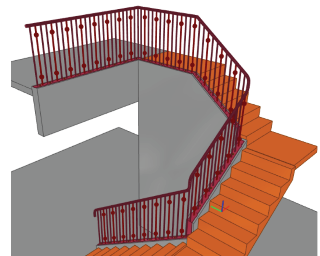 Structural steel detailing 3D model of stairs and handrails, showing stair framing, treads, and balustrade components.