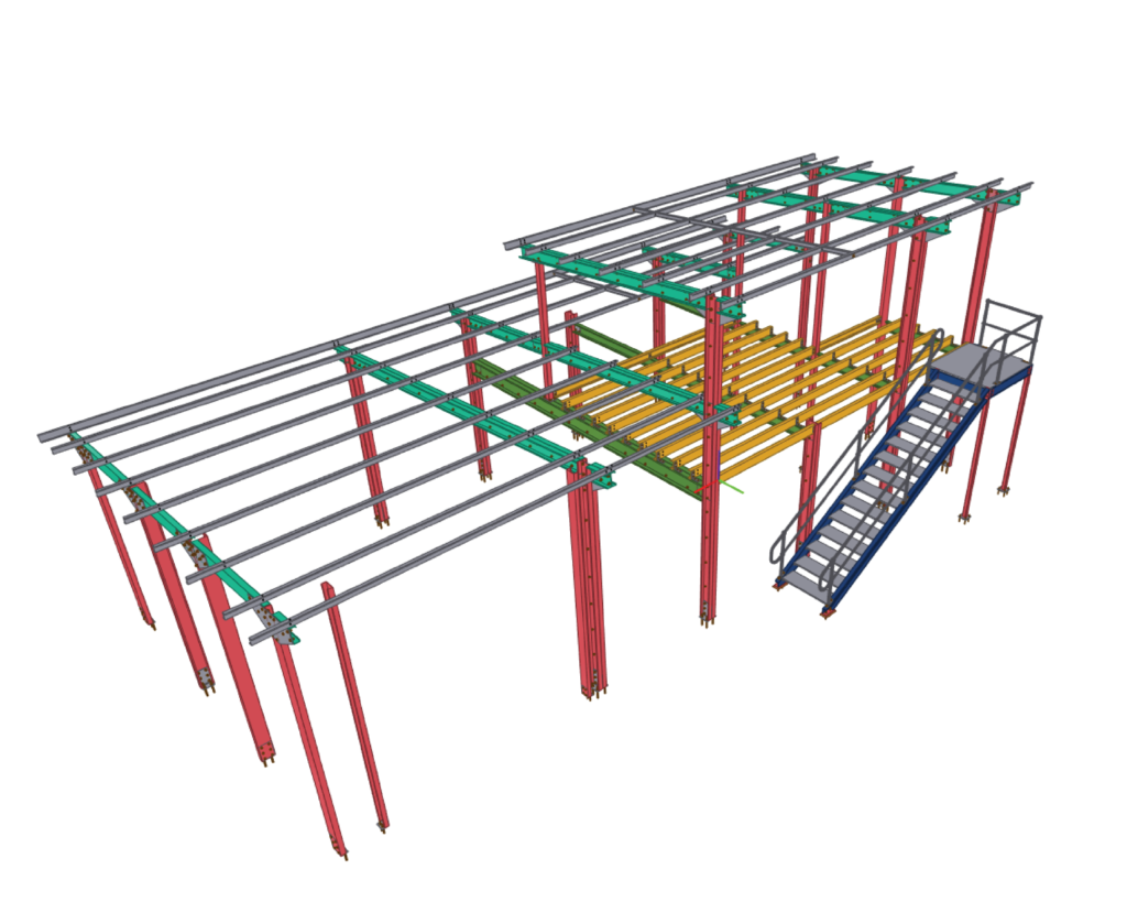 Structural steel detailing 3D model showing building frame with beams, columns, and secondary steel elements.