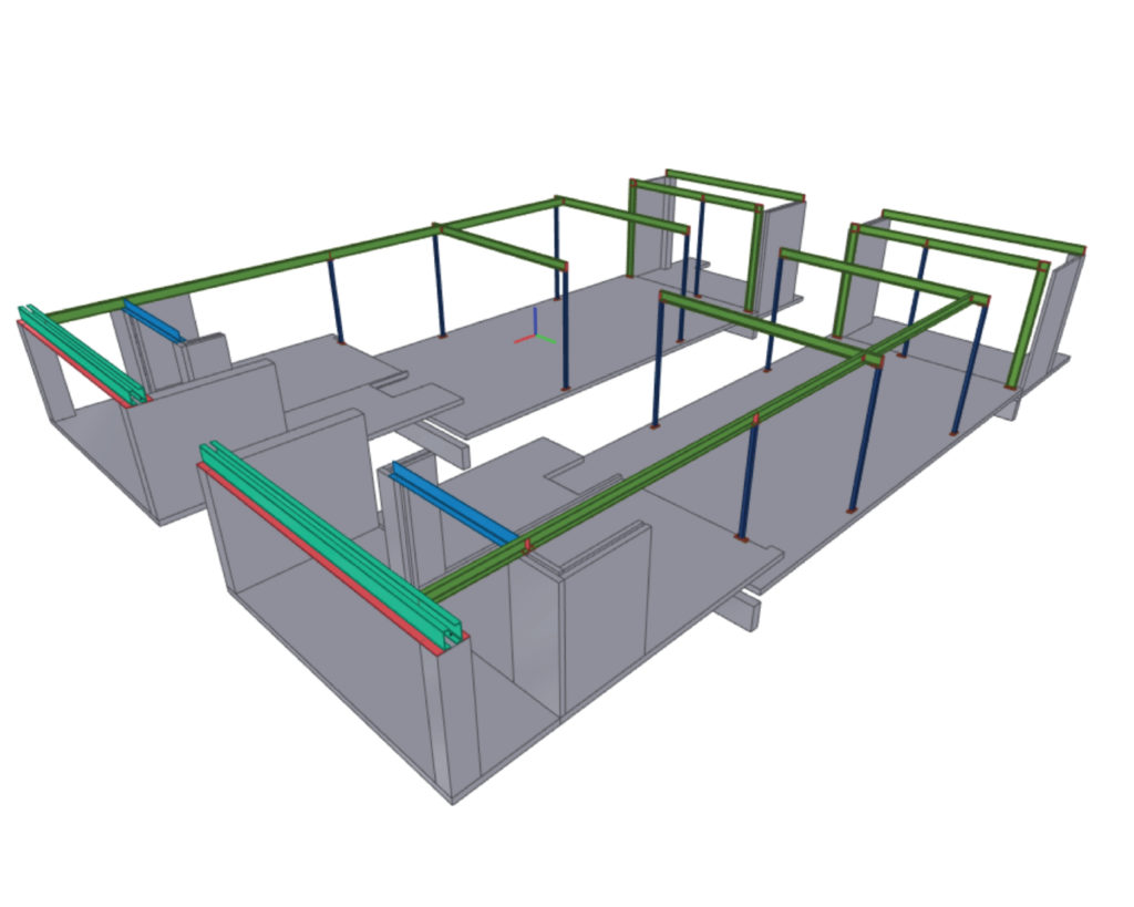 Structural steel detailing 3D model showing building core and perimeter framing with beams, columns, and edge members.