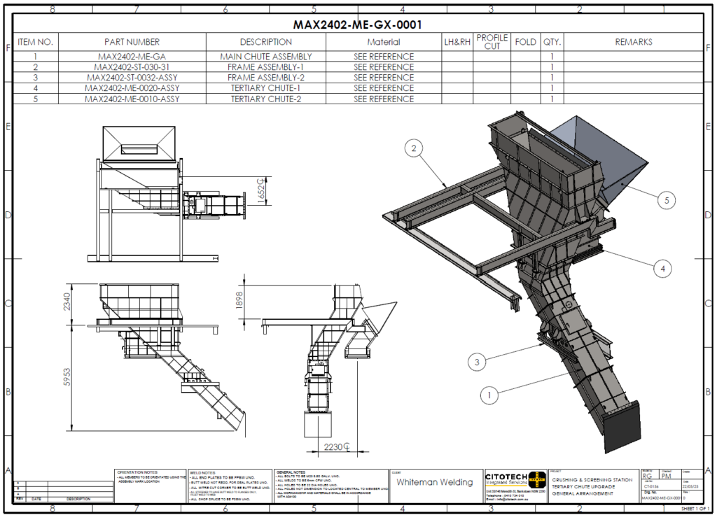 Mechanical steel detailing drawing showing fabricated steel connection components, dimensions, and fixing details.