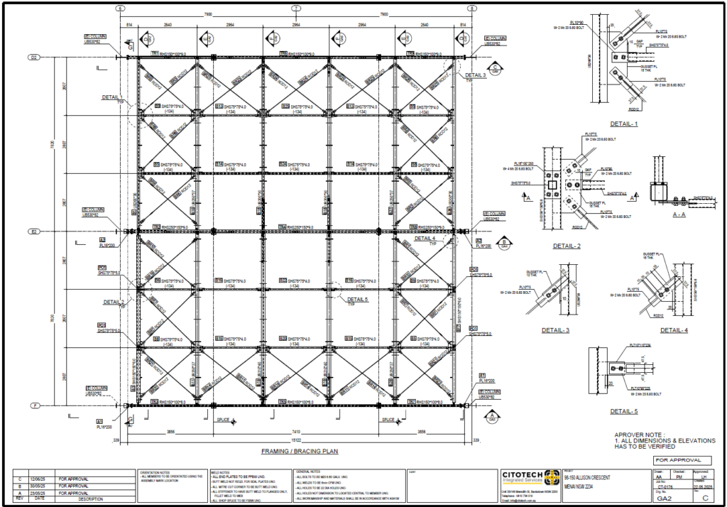 Structural steel general arrangement drawing showing framing layout, grid lines, member locations, and connection references.