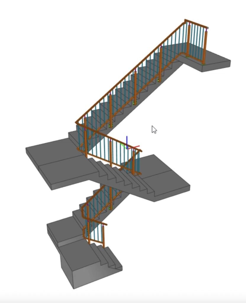 Structural steel detailing 3D model of stairs and handrails for a commercial building in Australia, showing coordinated stair framing and balustrade systems.