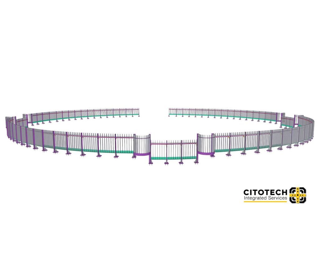 Structural steel detailing 3D model of a circular steel frame showing curved members and connection layout.