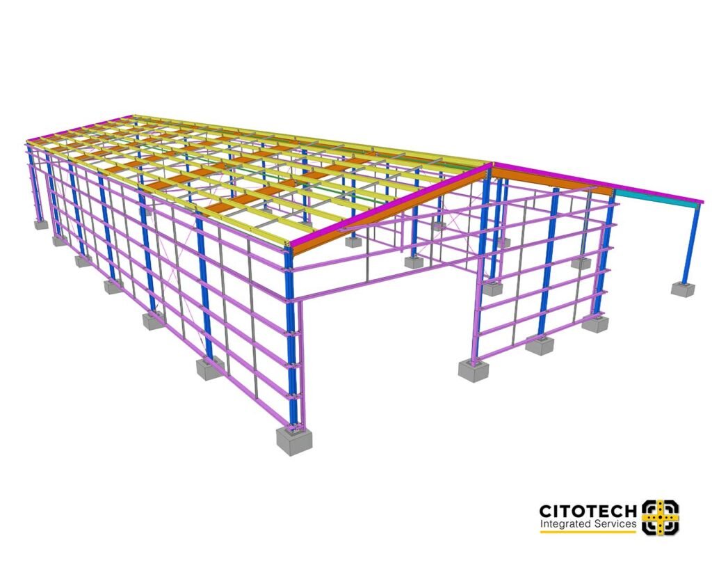 Structural steel detailing 3D perspective model showing commercial building frame with beams, columns, and roof structure.