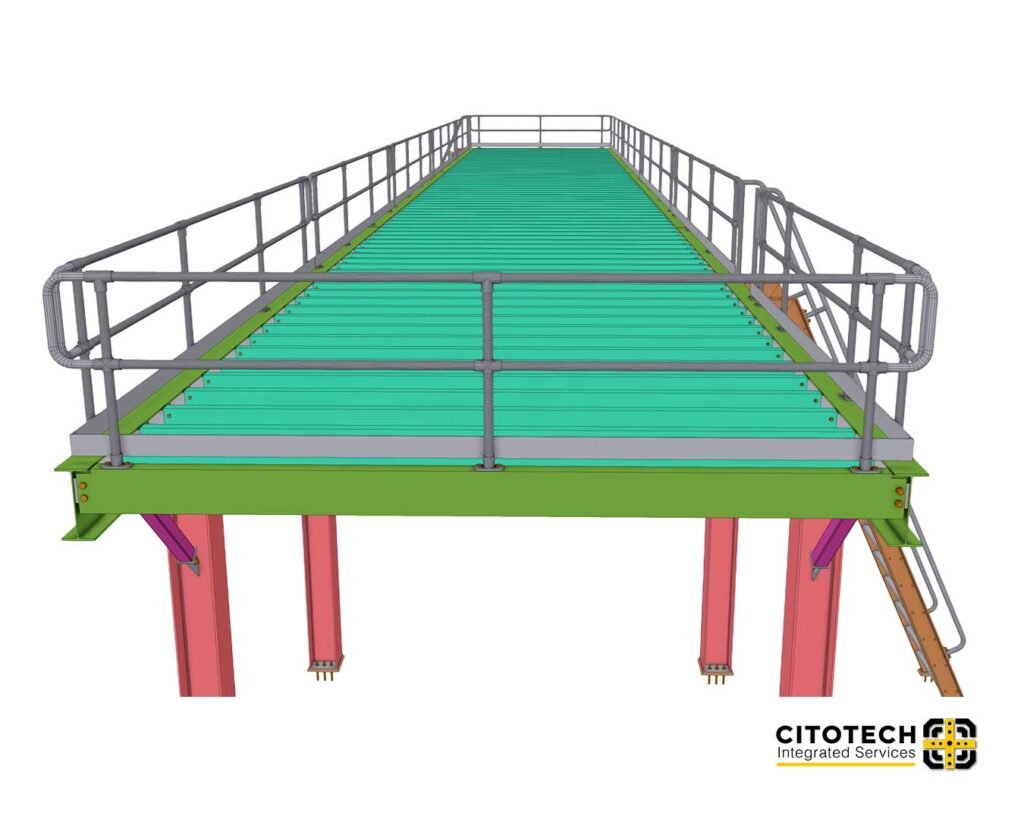 Structural steel detailing 3D model of an access platform with walkway and handrails for industrial construction.